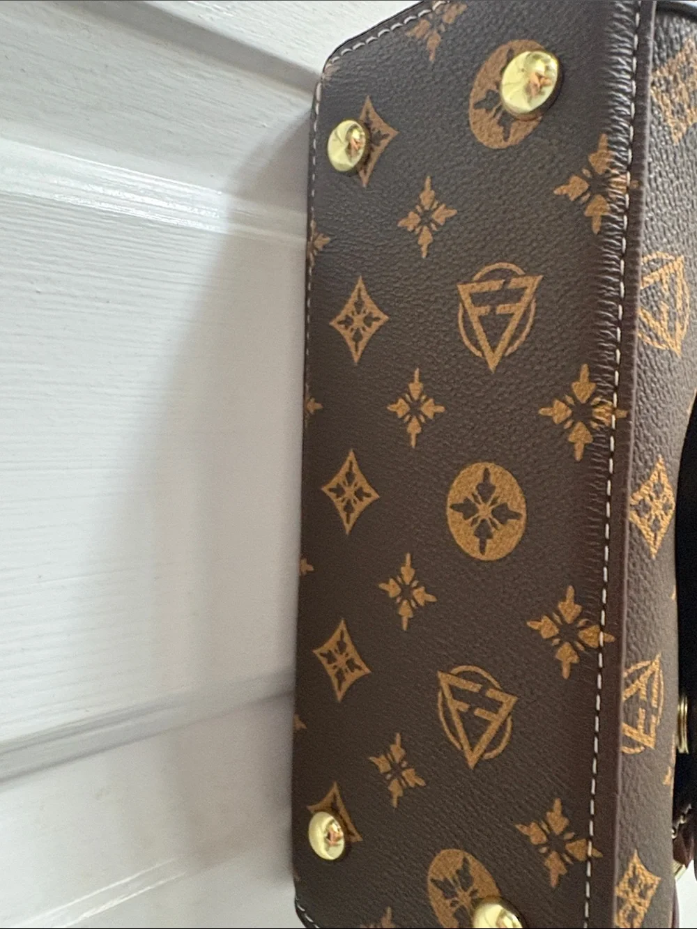 Brown Monogram-Style Top Handle Satchel with Gold Clasp